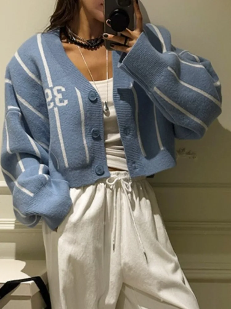 

Американский трикотаж с принтом в стиле ретро, женский полосатый свитер, осенний новый универсальный свитер обычной длины для поездок на работу