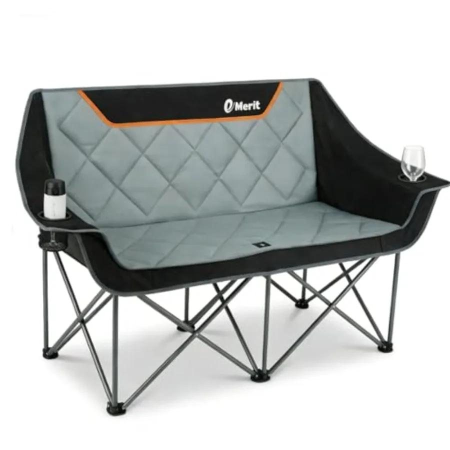 

Oversized Fully Padded Camping Chair Heavy Duty 650LB Folding Camping Loveseat Quad Fold Double Camping Couch with Cup Holders