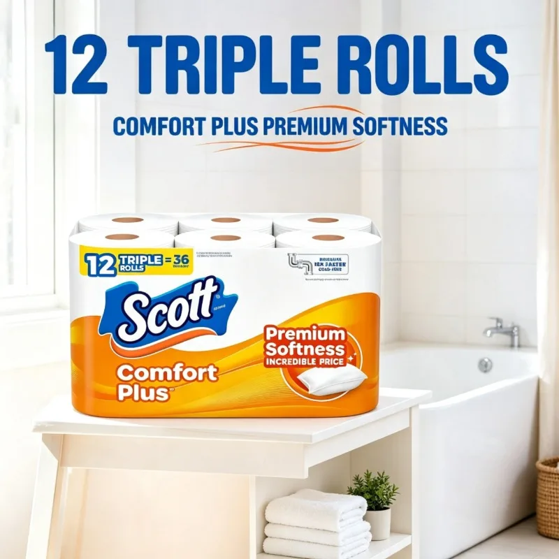 Papel Higiênico Scott Comfort Plus Macio, 12 Rolos Triplos, Absorvente e Suave para Uso Diário em Banheiros Domésticos