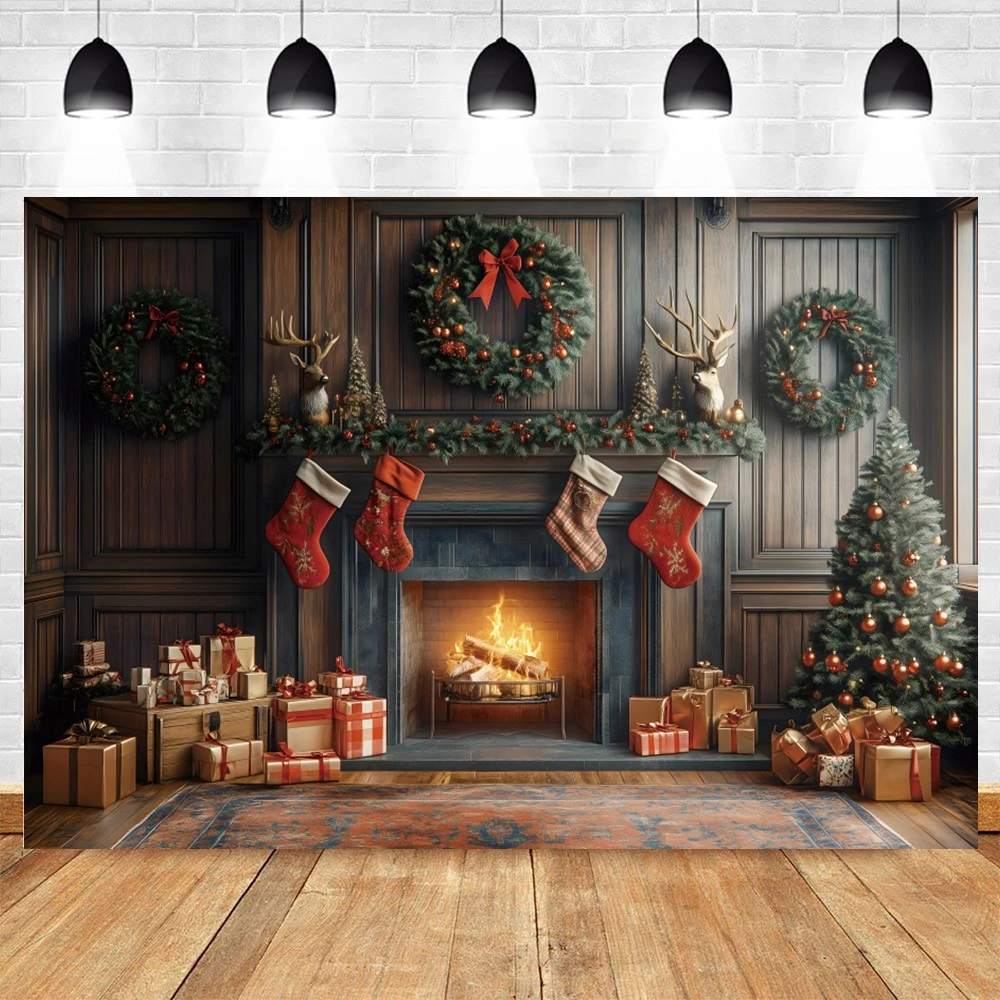 Christmas Fireplace Photography Backdrop Xmas Tree Gifts Toy Bear Socks Wreath Kids Portrait Family Party Decor Photo Background