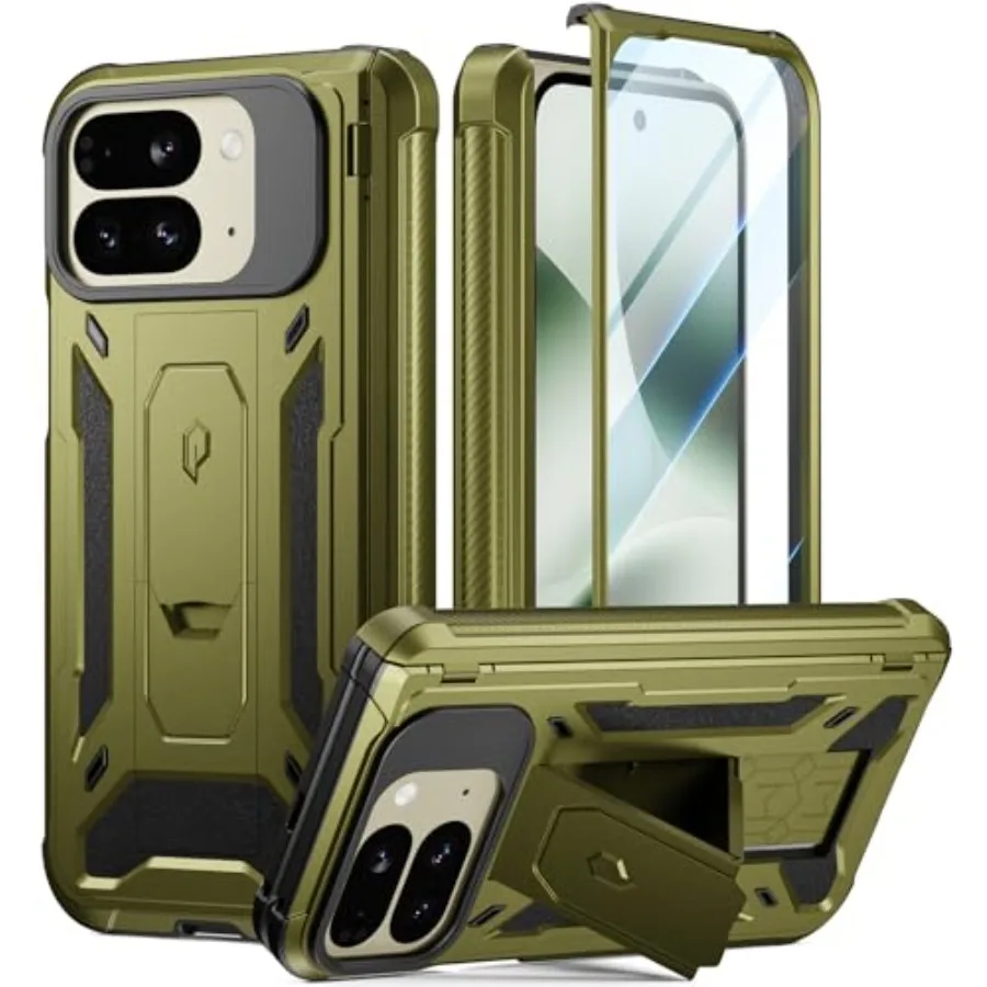 

Противоударный чехол Spartan для Google Pixel 10 Pro Fold с защитой шарнира и подставкой, военный стандарт, черный