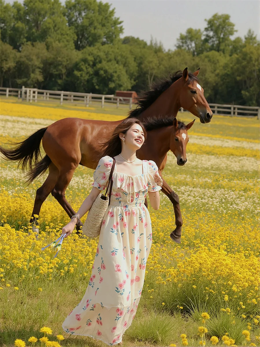 Damenkleider für Damen, Party, elegant, quadratischer Kragen, Schnürung, Volant, Rüschen, Fliege, Kordelzug, weich, Vintage, Boho, romantisch