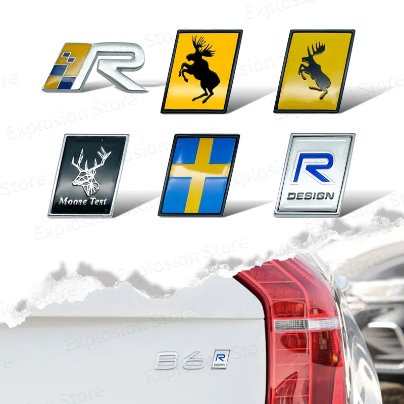 R design AWD Logo Sweden Flag Moose Test Badge Small Car Metal Sticker Decor For Volvo Ocean V40 V60 V70 XC40 XC60 XC90 S40 S80