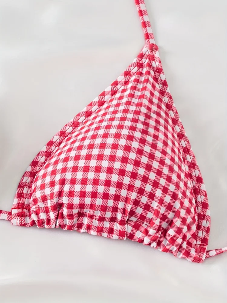 Bikini Donna Costume da bagno 2026 Nuovo plaid rosso Halter Bikini Set Sexy Vita alta Costumi da bagno Pantaloncini estivi Beachwear Costume da bagno femminile