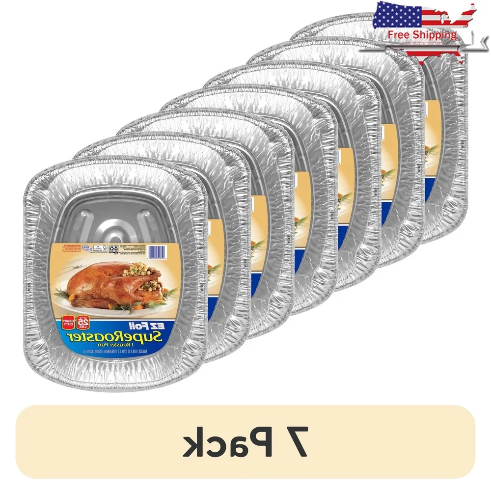 

7 Pack Heavy Duty Disposable Aluminum Roasting Pan with Built-In Rack Easy Cleanup and 25 Pound Capacity Ideal Turkey and Hearty