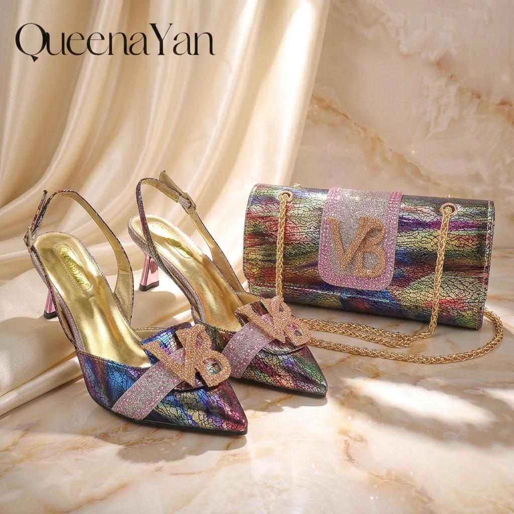 2026 Women Shiny Holographic Rainbow Slingback Heel Matching Bag Set Sparkly Rhinestone Letter Embellished Pumps for Wedding