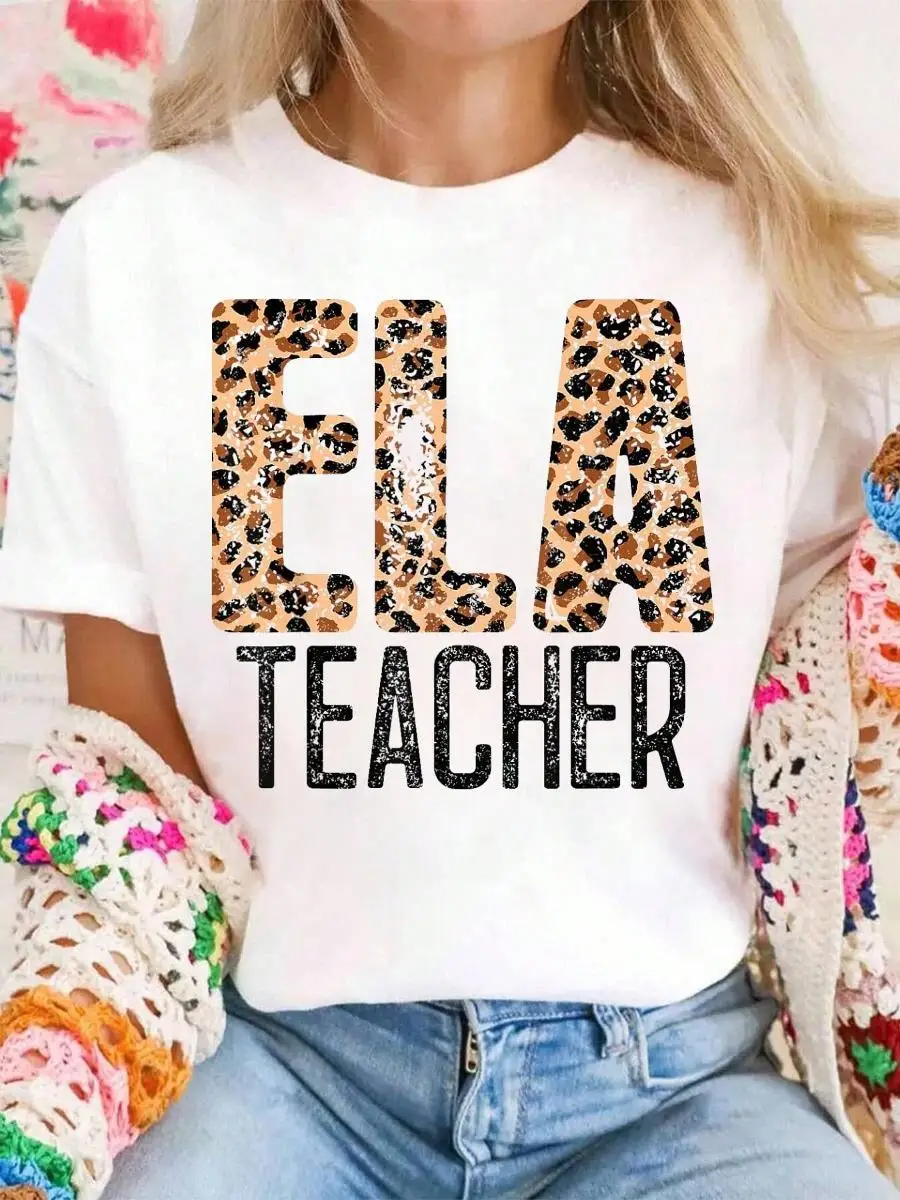 100% Cotton Women Funny Sarcastic English Language Arts Teacher Leopard ELA Men Women T-Shirt Graphic Tees Women