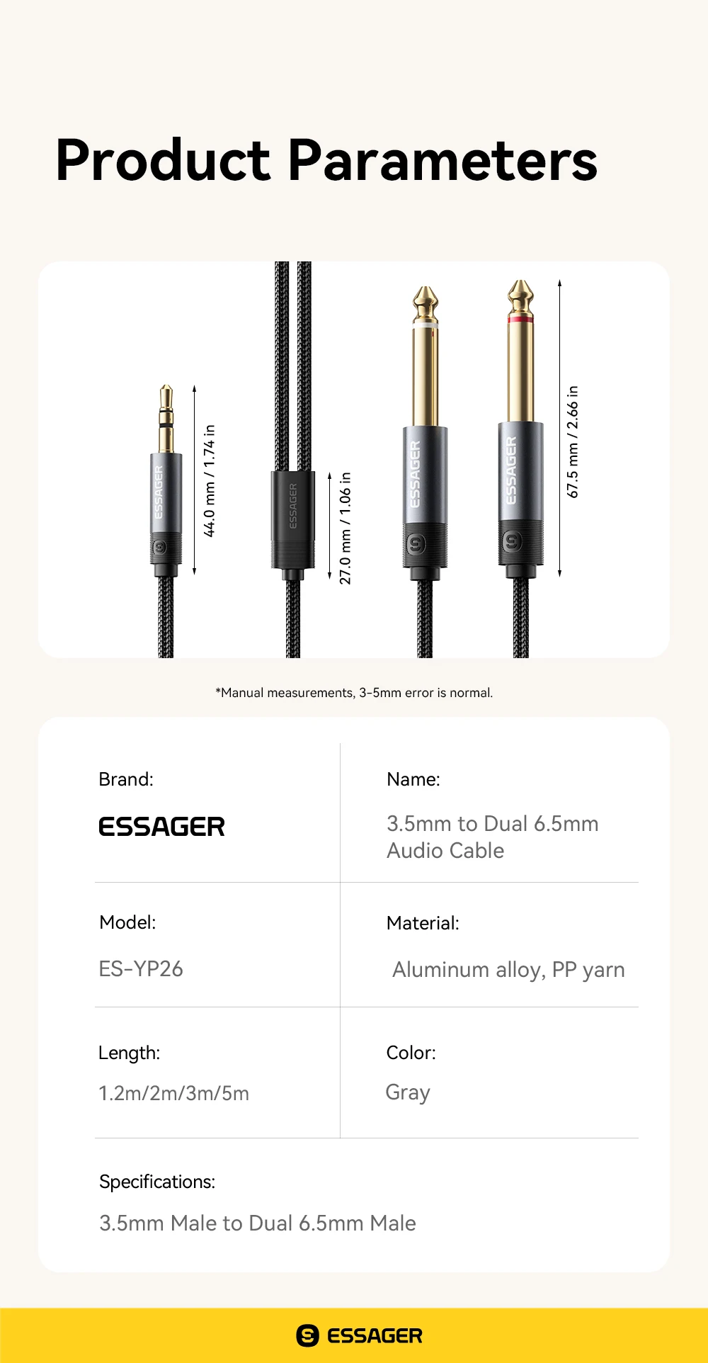 Essager 3,5mm auf Doppel-6,5mm Stereo-Klinkenkabel 3,5 auf 6,35 Audio-Kabel TRS-Kabel AUX-Splitterkabel für Gitarre, Mixer, Verstärker, DVD – Detail 11