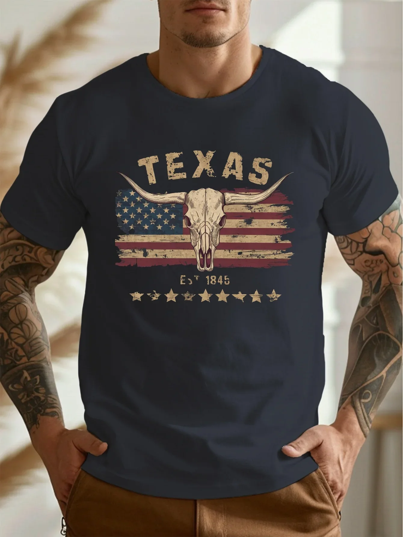 تي شيرت تكساس برايد للرجال بمقاس كبير، خفيف الوزن من البوليستر، كاجوال برقبة دائرية مع رسومات العلم الأمريكي على شكل جمجمة طويلة #3
