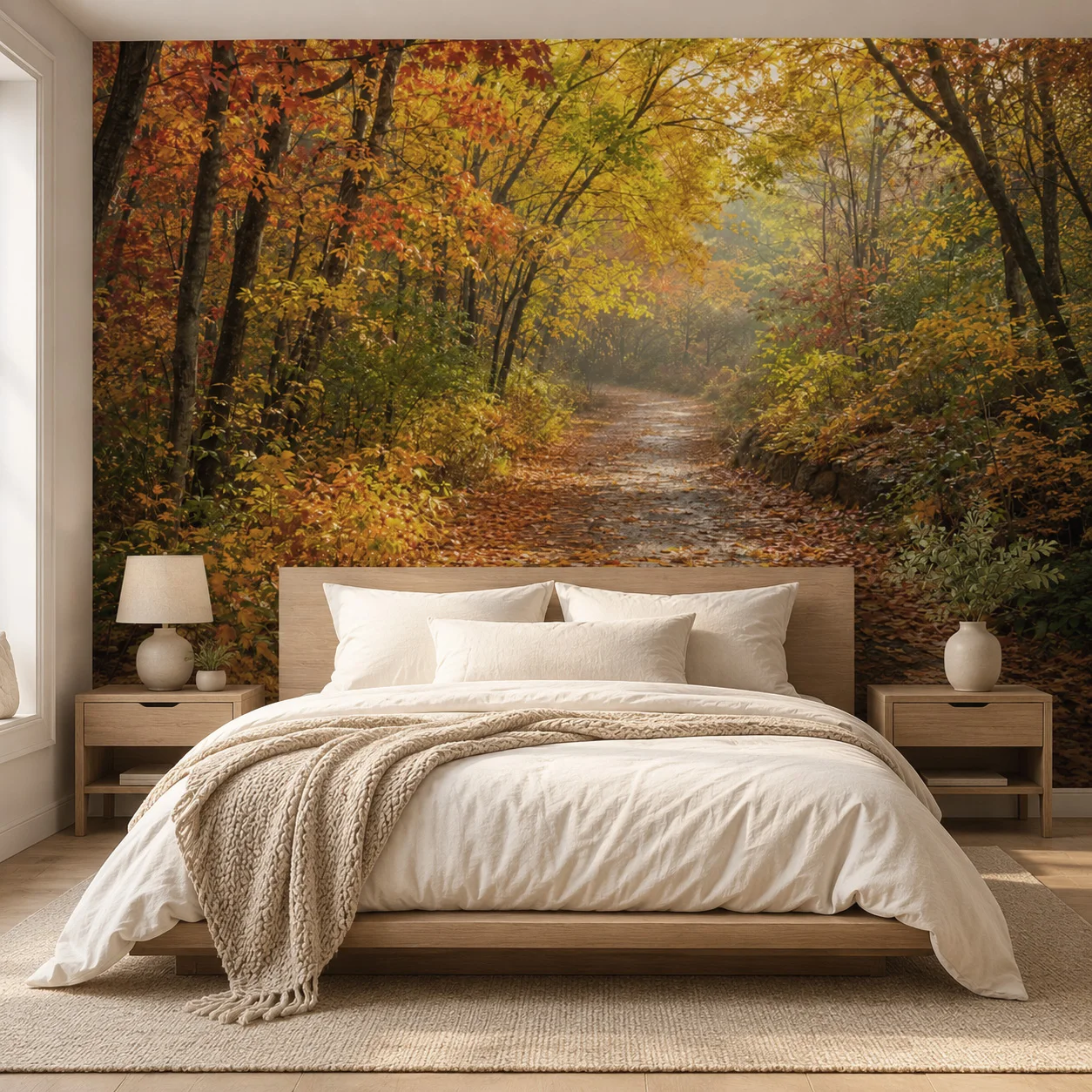 Autumn Forest Path Wallpaper Mural Fall Maple Woodland Landscape Wall Decor Living Room Bedroom Non Self Adhesive