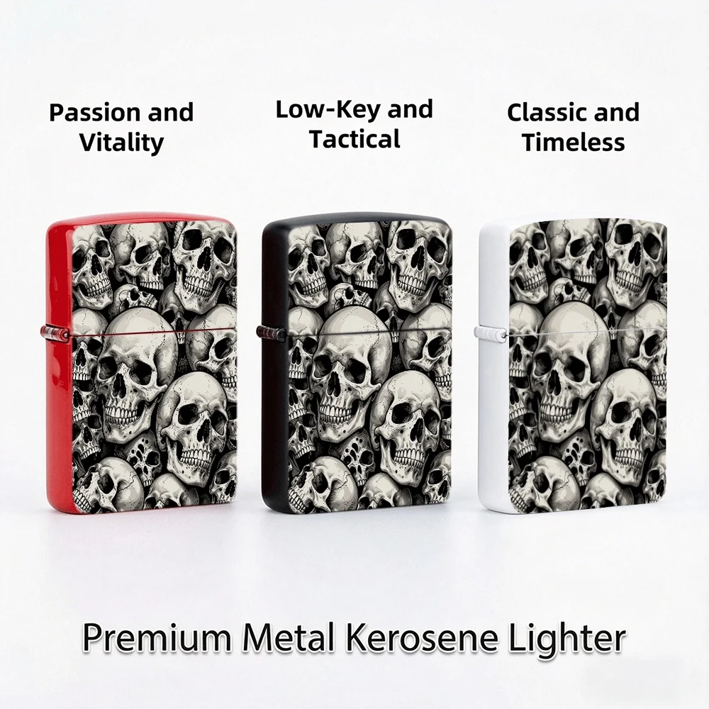 Gothic Sketch Style Flip Top Lighter, Dense Overlapping Skulls Art Print, For Collection Daily Use