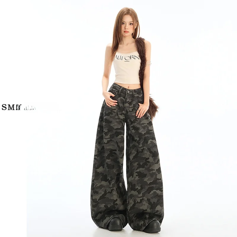 

Off American High Street Camouflage Denim Work Pants Women's Loose Fit High Waist Slimming Small Size Autumn New Sle