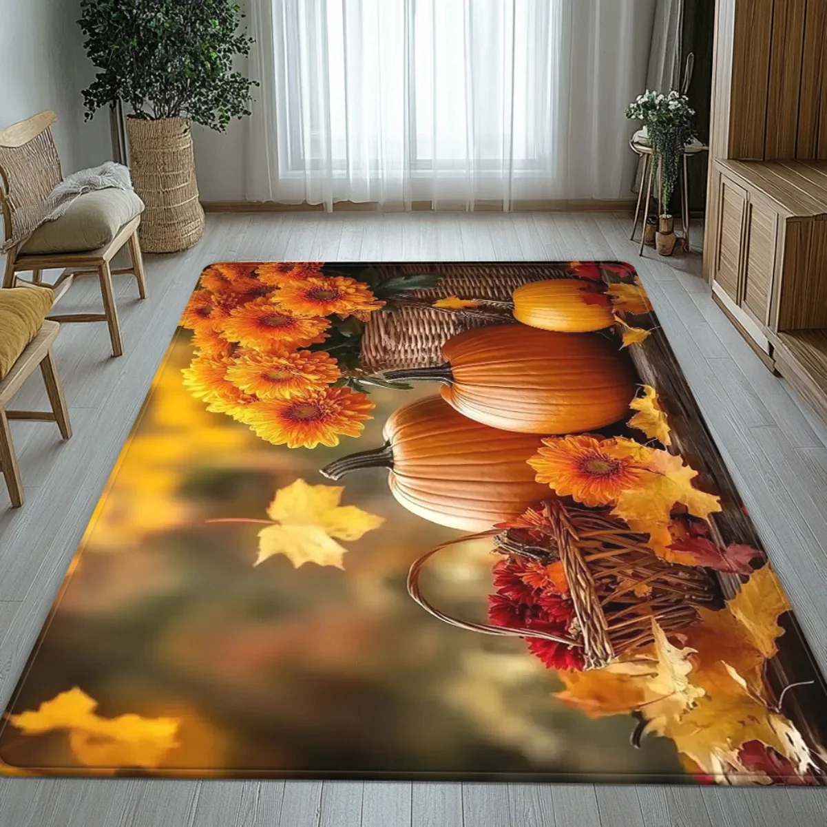 Beautiful Autumn Fall Pumpkin Leaf Area Rug Seasonal Harvest Decor Thanksgiving Home Floor Mat for Rustic Living Room