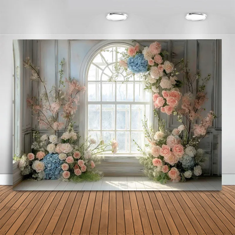 Photography Background Blue Room Window Flowers Window Garden Kids Birthday Party Portrait Decor Backdrop Photo Studio
