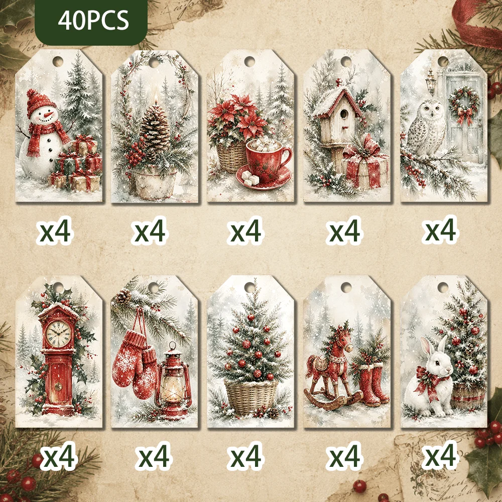 40 Stück Winter-Weihnachts-Dekorationsanhänger, Feiertagsgeschenketiketten, Partydekorationen, handgemachte Verpackungszubehörteile, Juteseil – Detail 2