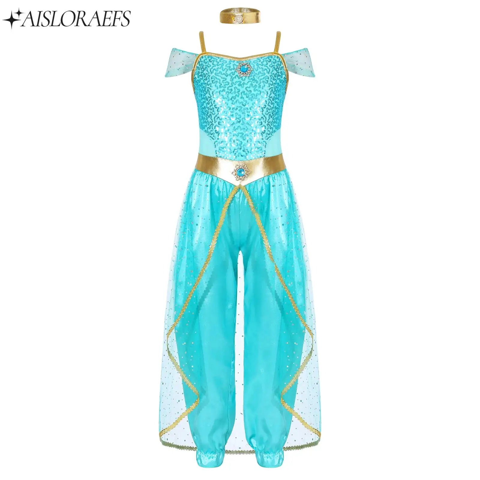 

Dresses for Girls Arabian Princess Fancy Costume Halloween Cosplay Costum Sequin Dance Skirt Bodysuit with Choker Dress Up