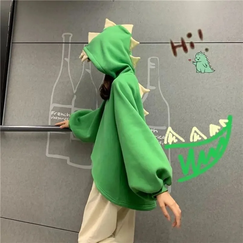 

Harajuku style little dinosaur Hooded Sweater female design sense of minority autumn and winter Plush thickened Korean loose