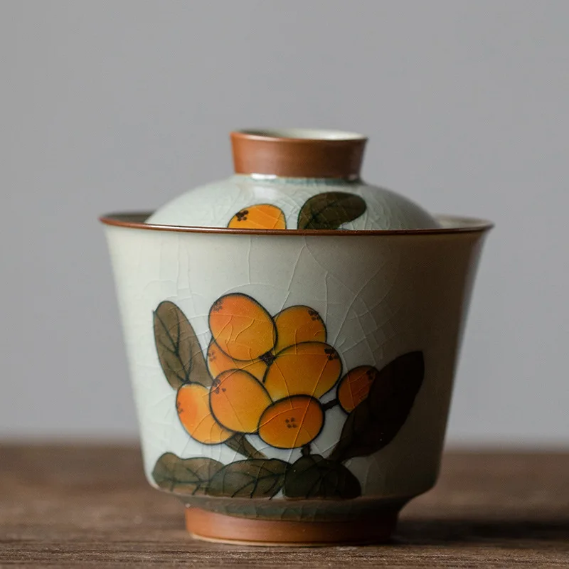 

Hand-painted Loquat Covered Bowl Single Home Tea Room Two Bowl With Cover Ceramic Kung Fu Tea Set