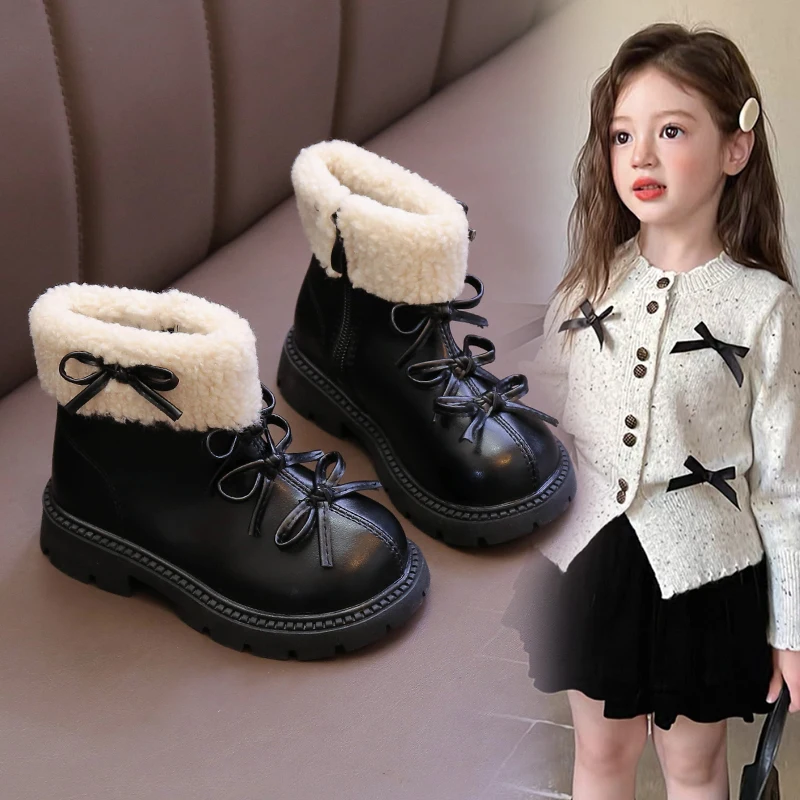 

Зимние ботинки из искусственного меха для девочек, кожаные непромокаемые подростковые ботинки, нескользящие толстые теплые хлопковые ботинки для детей