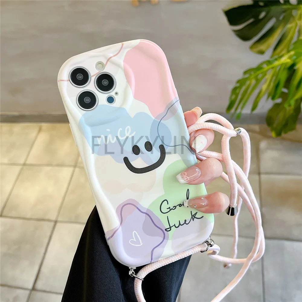 Funda de teléfono con correa de moda para IPhone, funda de teléfono con cordón, onda rizada, borde crema, 15, 14, 13, 12, 11 Pro Max, XR, X, XS, 7, 8 Plus