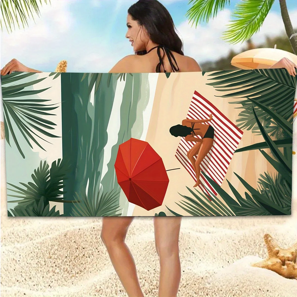 قطعة واحدة من من منشفة الشاطئ المخططة الأنيقة مع مظلة من الشمس - حصيرة بوليستر ناعمة وسريعة الجفاف ومريحة لقضاء عطلة الصيف، مستطيلة حديثة