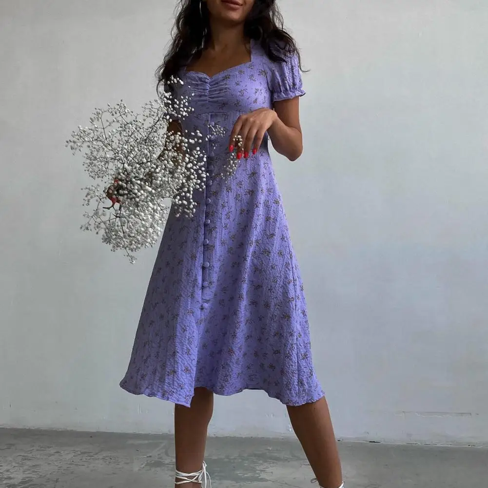 Ladies Dress Floral Print Square Collar Spring Summer Vintage Slim-fitting Midi Dress for Office