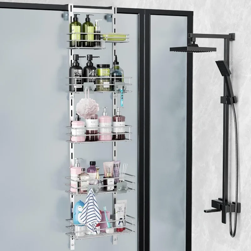 

Over the Door Shower Caddy Adjustable 5 Tier Silver Grey,Bathroom Hanging Organizer Shelf Rustproof with 4 Hooks,Shower Basket