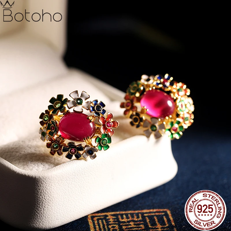 Red Corundum Enamel Flowers S925 Silver Women's Earrings Vintage Luxury Bohemia High Quality Earrings