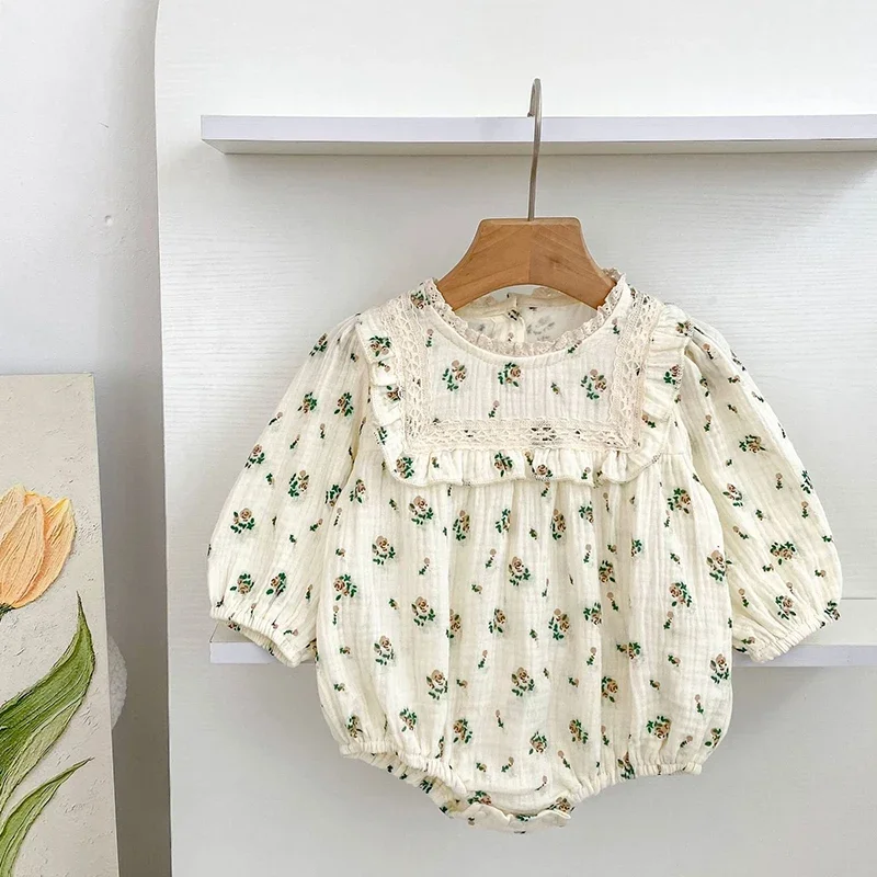 

0-24M Newborn Jumpsuit Spring Newborn Baby Girls Romper Muslin Lapel Floral Infant Rompers Kids One Piece Fashion Baby Clothing