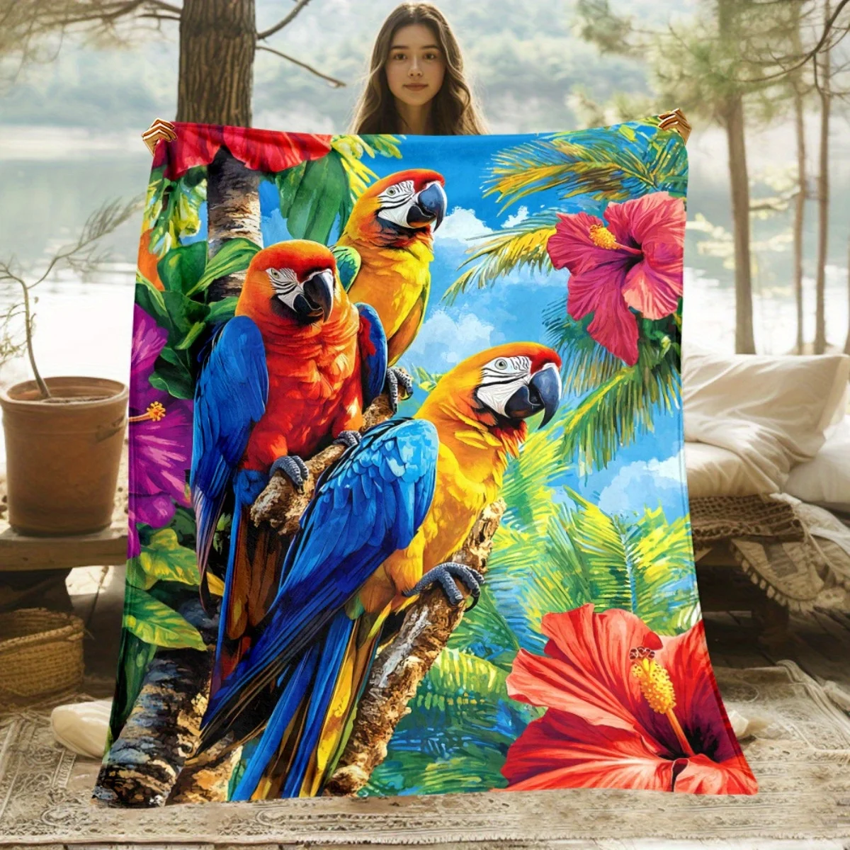 1 Coperta con motivo di pappagalli tropicali: coperta leggera in flanella, ideale per il divano, adatta per esterni, campeggio, soggiorno, ufficio, sedie e letti. Coperta in flanella morbida e calda,
