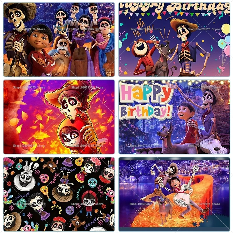 Tela de fondo con temática de dibujos animados de Disney Coco, cartel de fotografía de Halloween para fiesta de cumpleaños, adecuado para decoración de fiesta de vacaciones