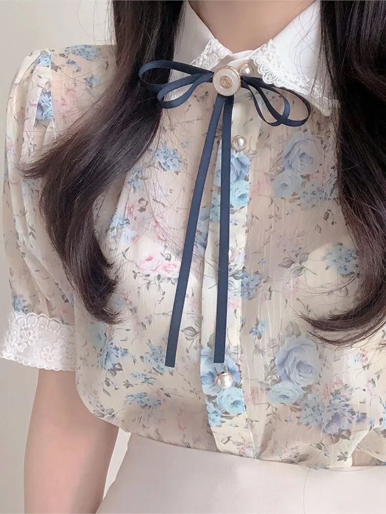 Panas panas anak perempuan Atasan imut gaya Preppy Vintage kancing elegan wanita kantor kerja Formal putih renda Ruffles kemeja blus