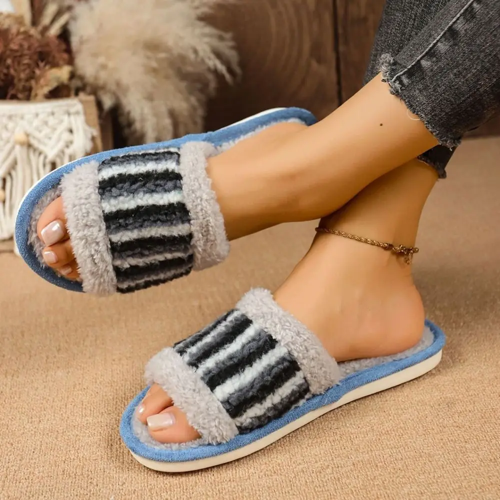 

Fashion Stripe Plush Warm Slippers Non-Slip Patchwork Winter Indoor Slippers Fluffy Thicken Soft Home Slippers Dormitory