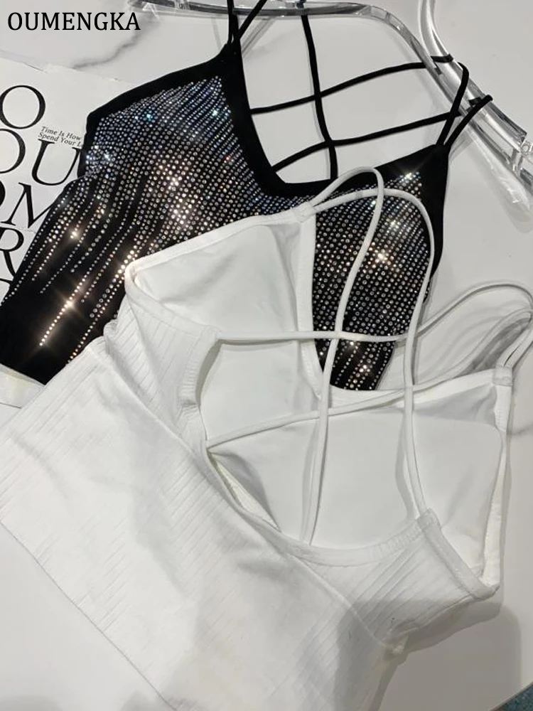 OUMENGKA Bling Rhinestones Party Crop Top Fashion Mulvari Caged Back Ribbed Backless Bralette Cami Cropped for Women