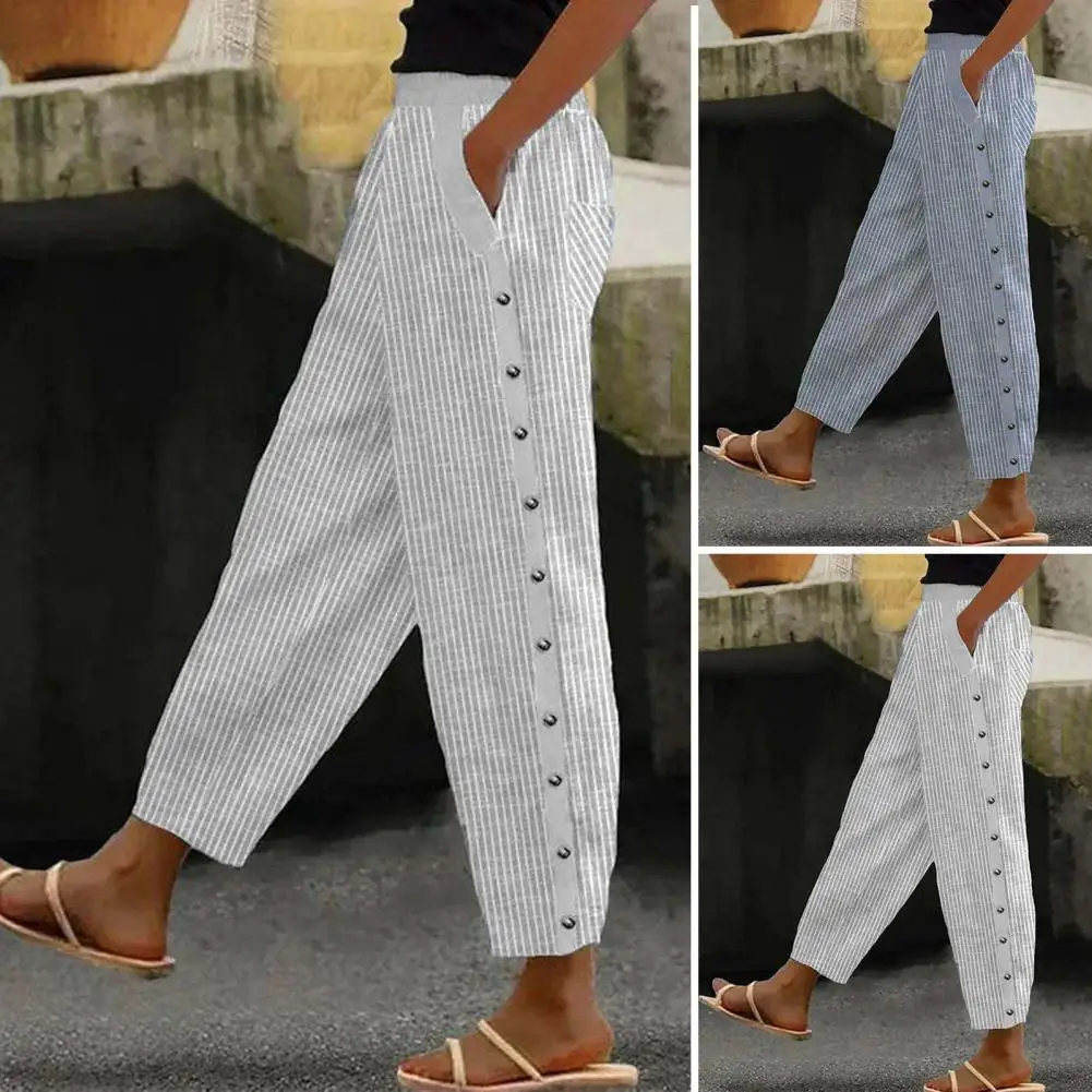 Women Long Pants Straight-leg Trousers Striped Print Pants with Elastic Waistband Side Buttons Pockets for Women for Summer