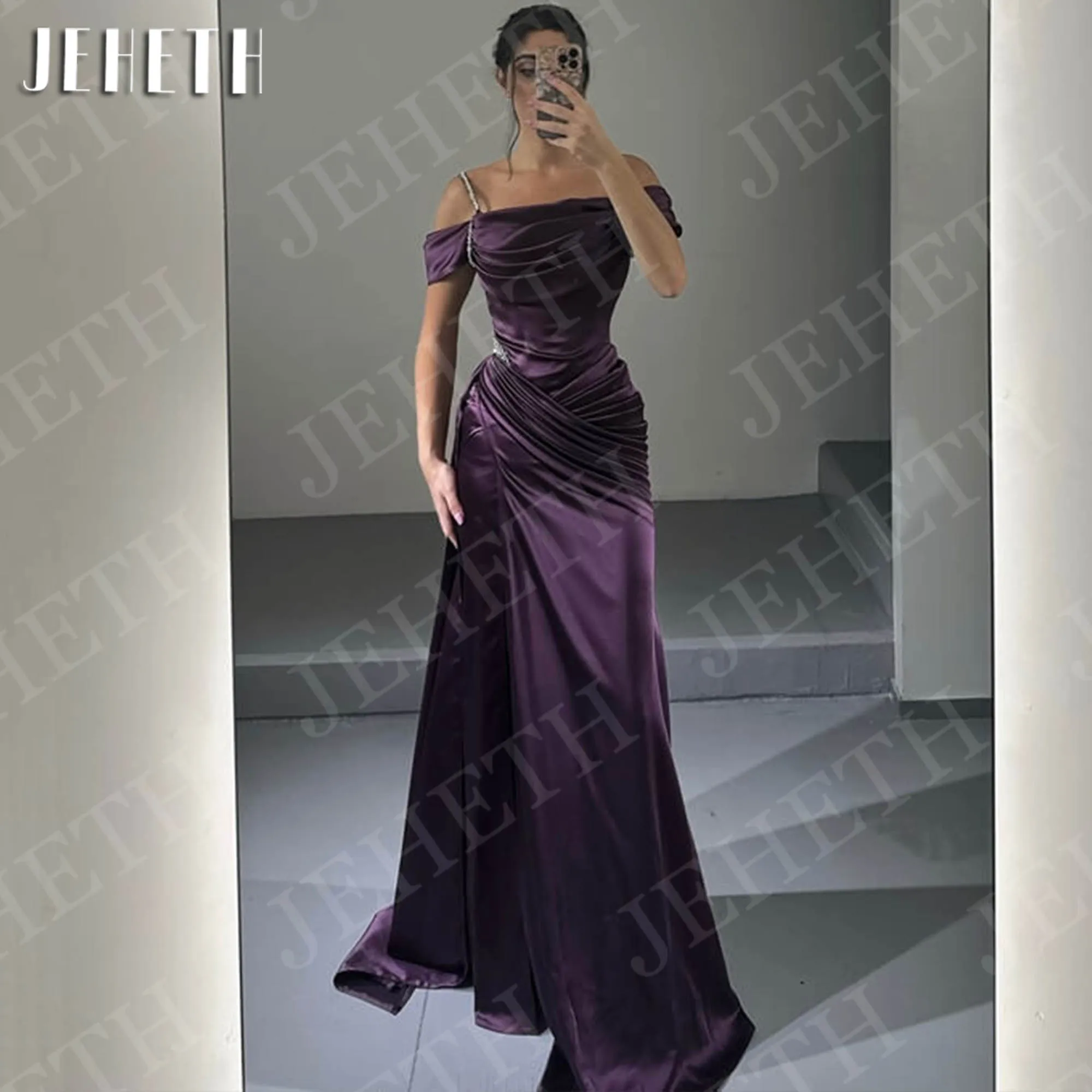 

JEHETH Purple Mermaid Prom Dress Off Shoulder Woman Evening Dresses Satin Side Slit Party Gowns Customized robes de cocktail