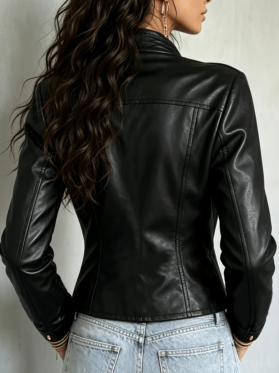 Women's Faux Leather Short Biker Jacket 2026 New Style Stand Collar Metal Double-Breasted Zipper Slim Fit Pu Leather Jacket Long Sleeve Vintage Autumn Winter Top