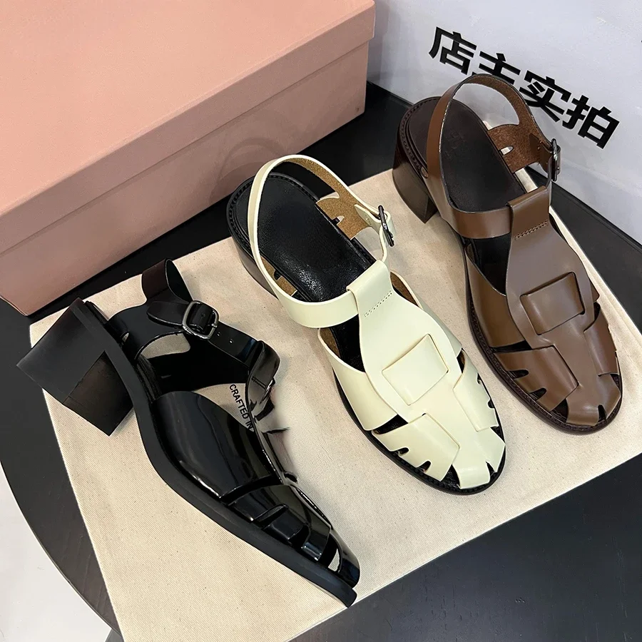 

NIGO Women Summer French High Heeled Sandals Cowhide Hollow Out Vintage Fashion Casual Sandals T-strap Single Shoes #NGSH1247