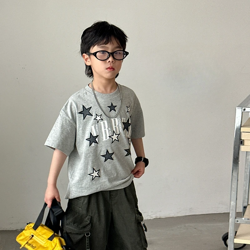 

2026 Summer New Mid sized Children's Handsome Star Printed Casual Cotton Half Sleeve T-shirt
