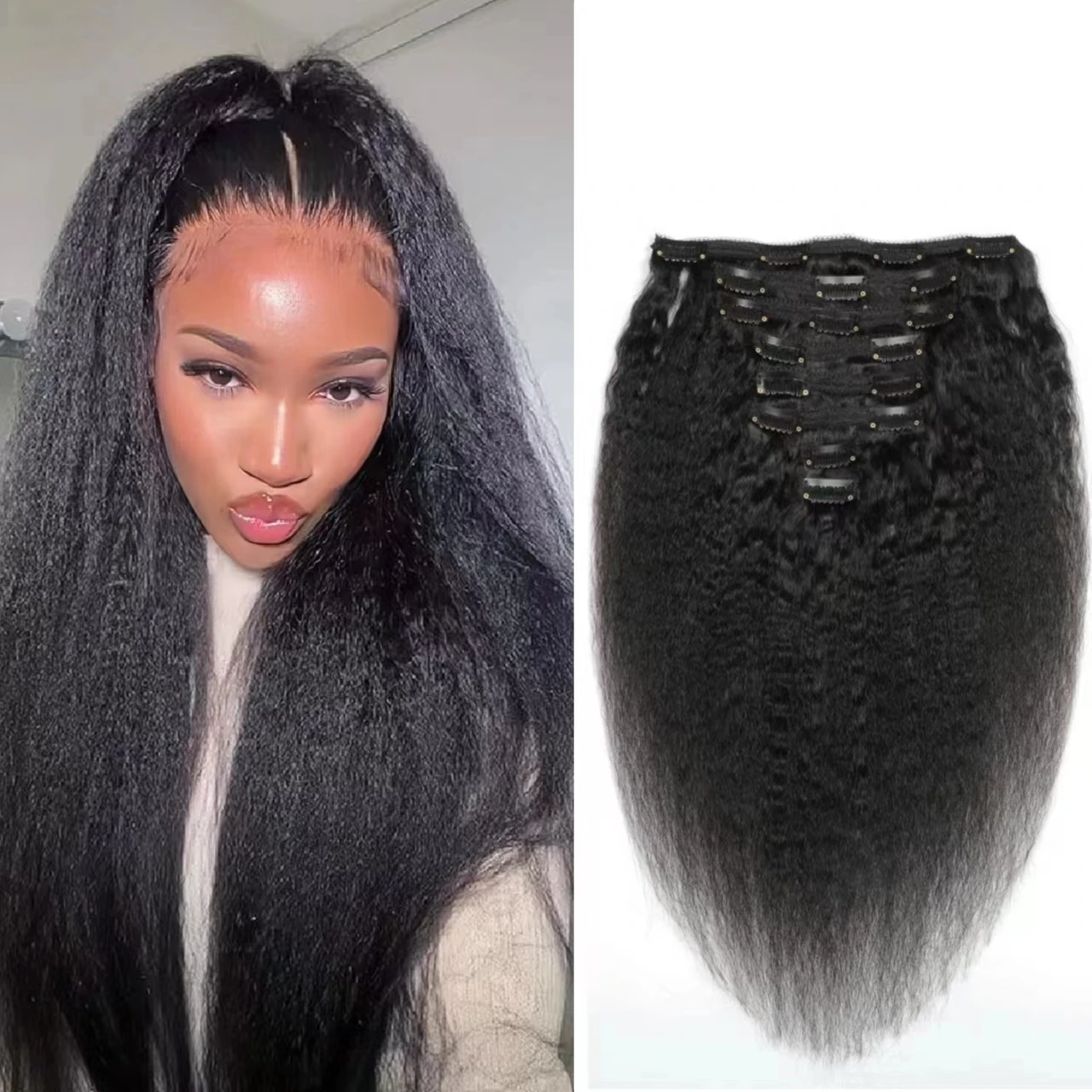 

Kinky Straight Clips In Human Hair Extensions Yaki Straight Remy Human Hair Extension 120G 8Pcs/Set Natural Color 8-24inches