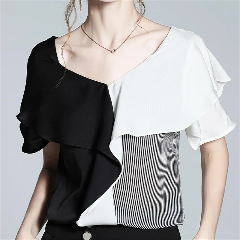 Nuovo Design Estivo Top in Chiffon da Donna con Orlo in Pizzo Colorato Anti-Invecchiamento Stile Francese con Scollo a V e Motivo a Righe