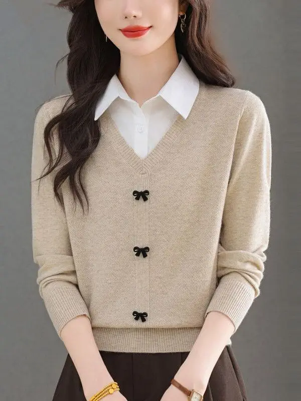

Women's Camere Wool Knitted irt Collar Fake Two-Piece Sweater Soft Modal Fiber Long Sve Commute Sle Regular Fit