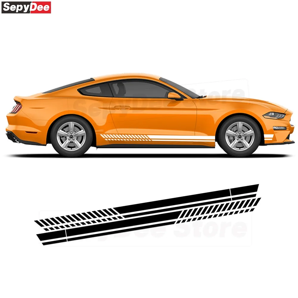 2Pcs Car Rocker Panel Door Side Stripes Stickers Racing Sport  Body Decor Vinyl Decal For Ford Mustang Shelby GT GT500 GT350