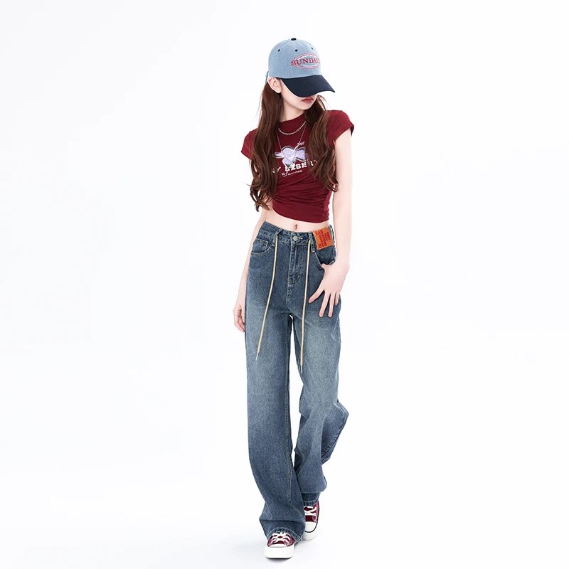 Women Y2k Jeans 2024 New Spring High Waist Drawstring Leather Label Decorative Design Loose Straight Leg Wide Leg Denim Pants