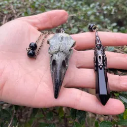 Natural Stone Black Obsidian Crystal Pendulum for Divination Dowsing  Vintage Reiki Raven Skull Chain Spiritual Pendulos X189