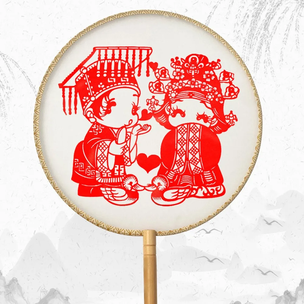 Decorative Fan Vintage Chinese Paper-cut Fan Long Handled with Tassel Round Hand Fan Artistic Silk Group Fan Wedding Party
