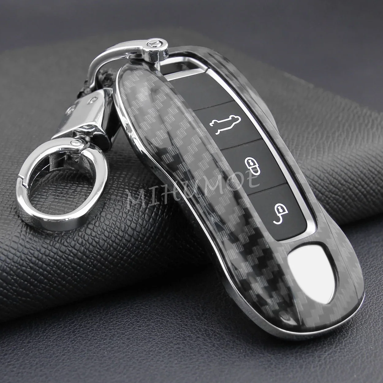 For 2017+ Porsche Cayenne Coupe Panamera Taycan 911 Carbon Fiber Car Key Fob Case Cover Chain Ring Holder