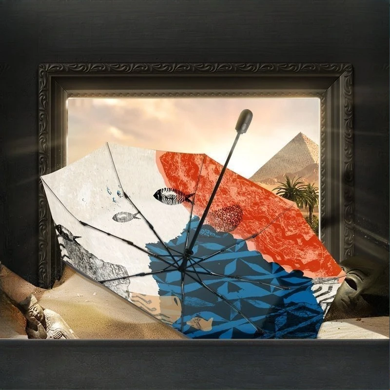 

Портативный складной всепогодный зонт британского музея с черной резиной и тройным солнцезащитным зонтом