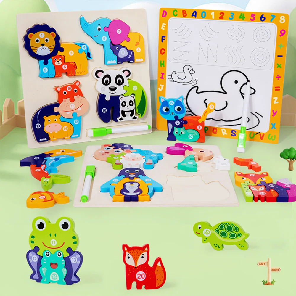 TUNJILOOL Montessori Wooden Cartoon Animal Puzzle Drawing Writing Board 2 in 1 Learning Education Toys For Children Kids Gift