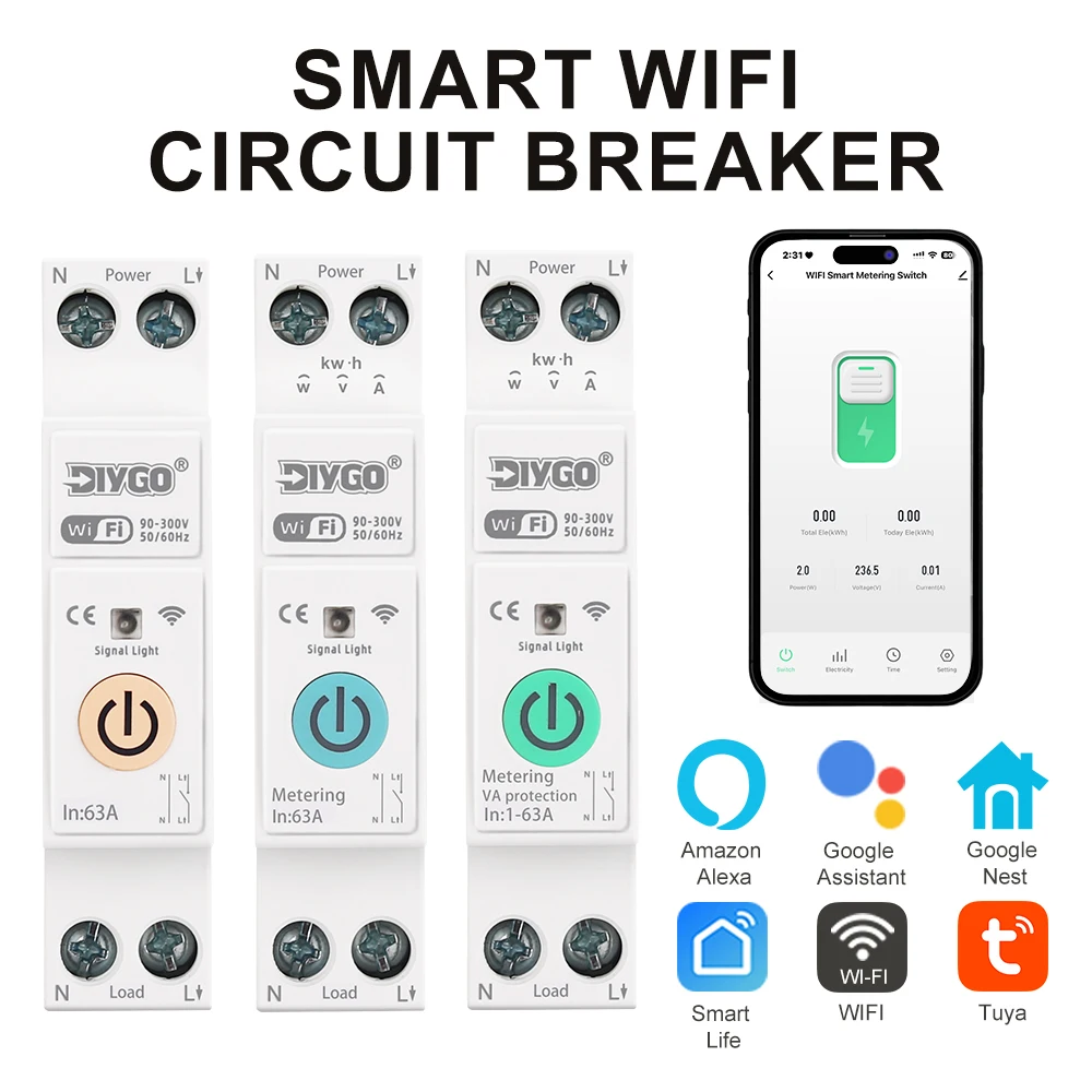 Tuya WIFI Smart Circuit Breaker 1P+N Over-Voltage/Current/Power Protector Under Voltage Protection Voice Remote Control Switch